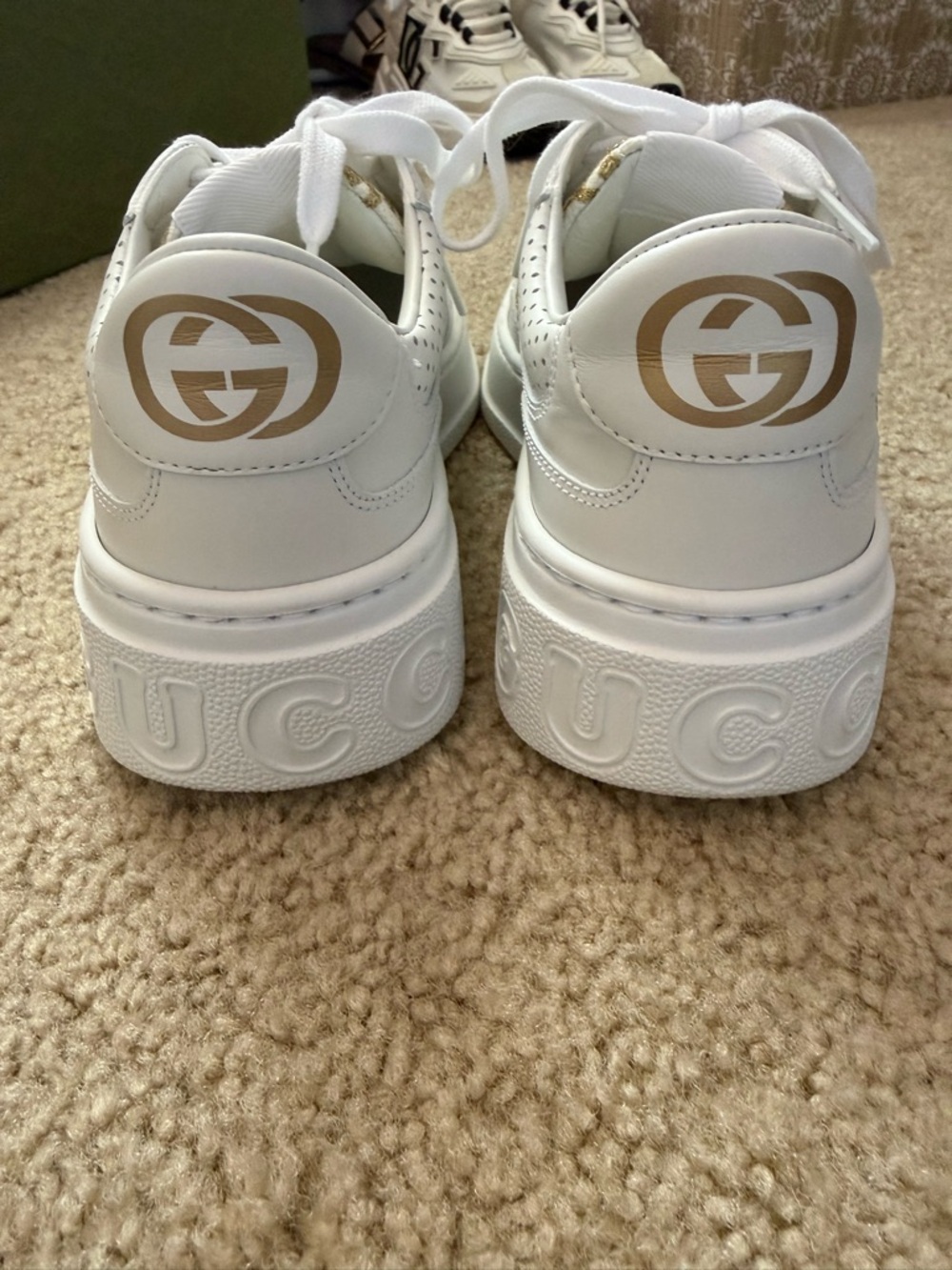 Gucci White Leather Sneakers with Gold GG Motif - Picture 3 of 5